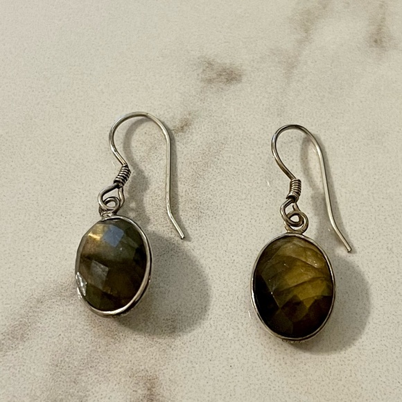Sterling Silver Faceted Labradorite Gem Earrings Vintage Wedding Engagement - Picture 4 of 12